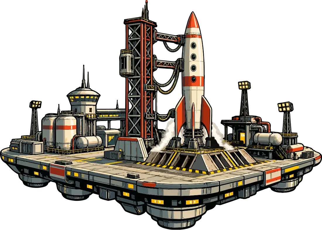 A rocket standing on a floating launch pad beside its gantry